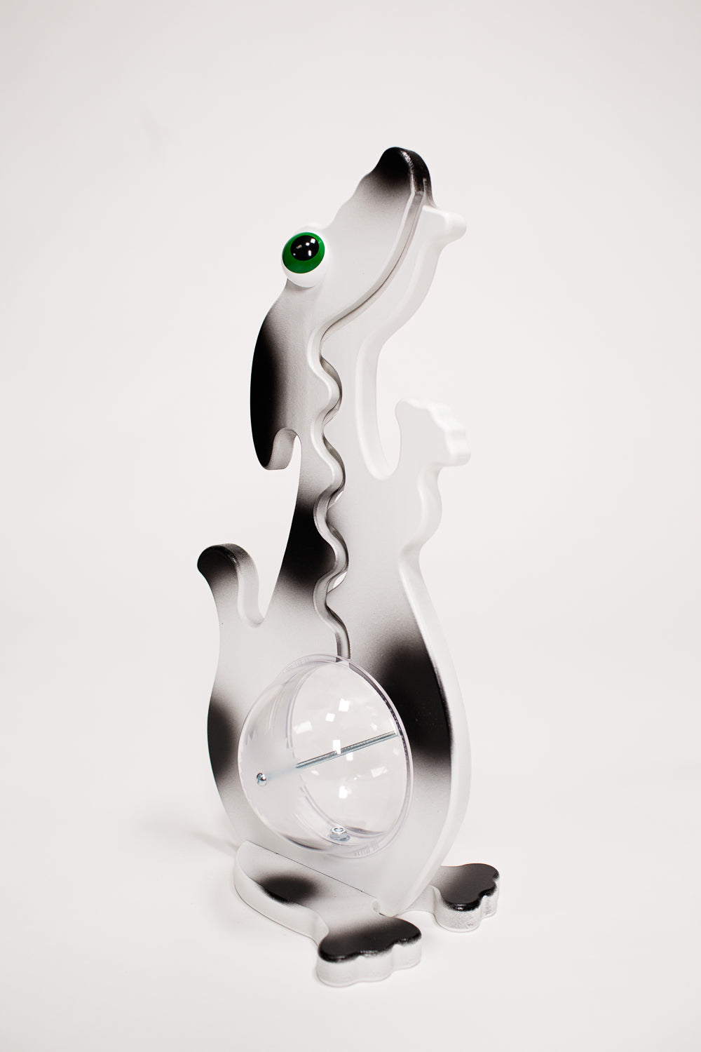 Black and white spotted dog Big Belly Bank with curved coin track and clear belly compartment on white background