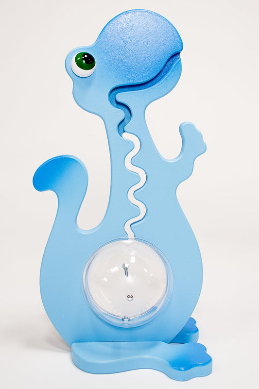 A blue dinosaur shaped piggy bank BIG BELLY BANK handmade in Upstate New York