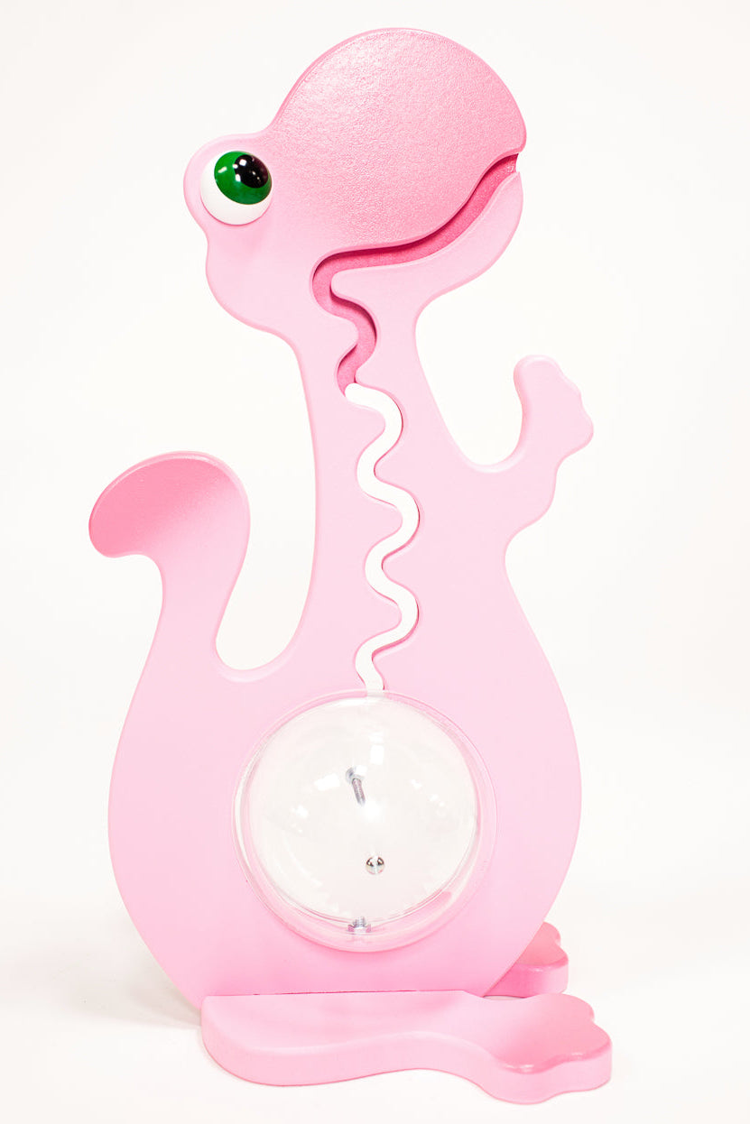 A 20 inch tall pink dinosaur-shaped piggy bank with a slot on its mouth.