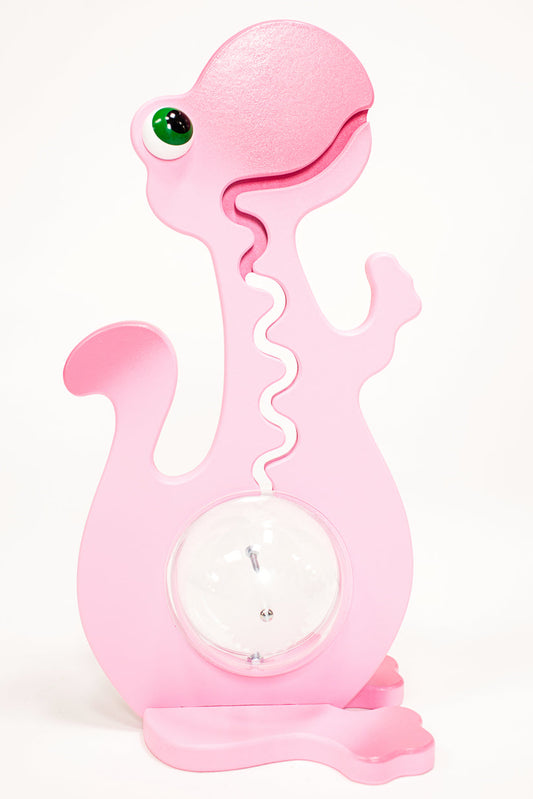 A 20 inch tall pink dinosaur-shaped piggy bank with a slot on its mouth.