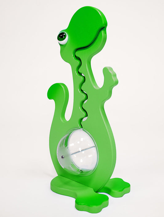 A 20 inch tall green dinosaur-shaped piggy bank with a slot on its top.