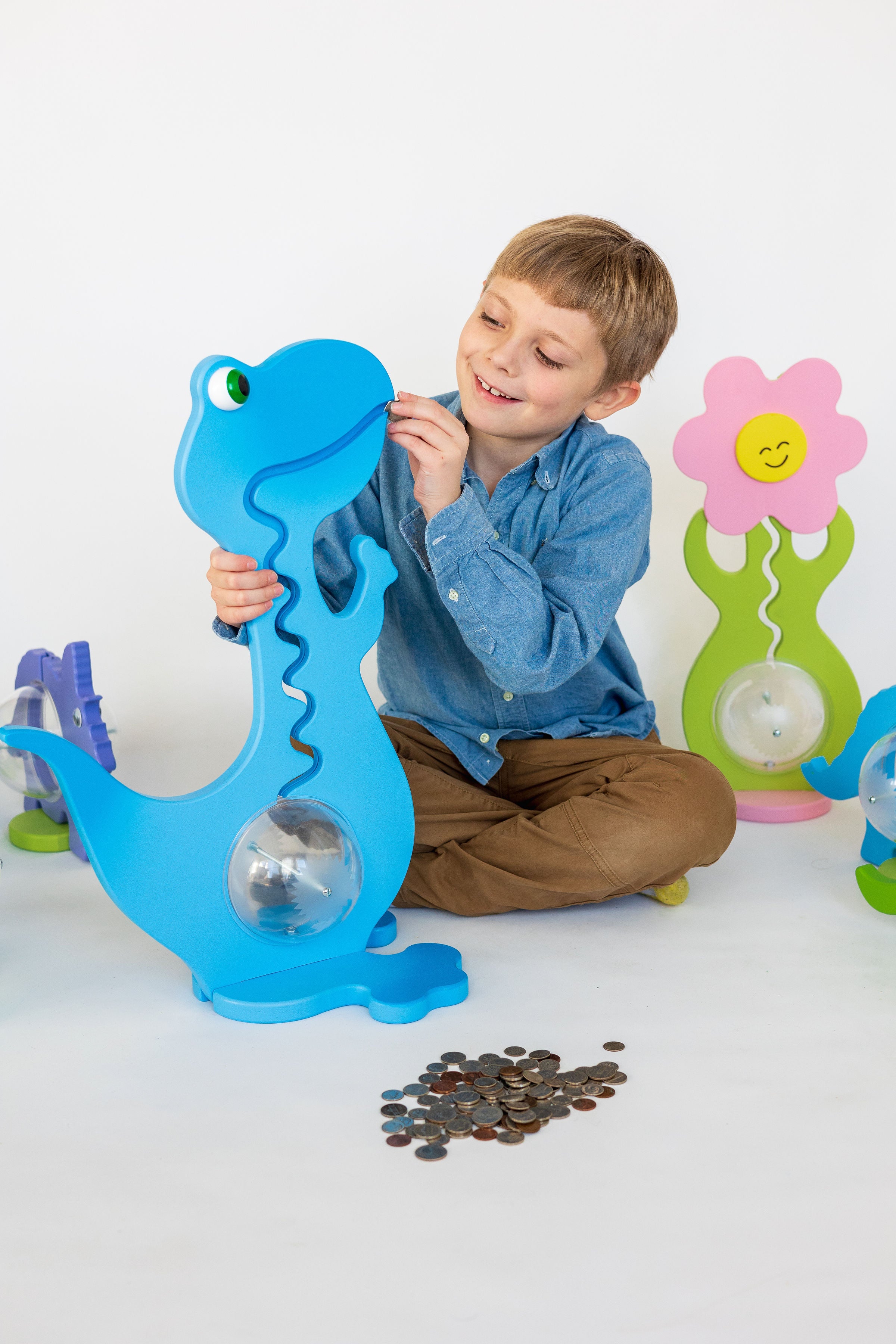 Boy with 23" Blue Dino Bank